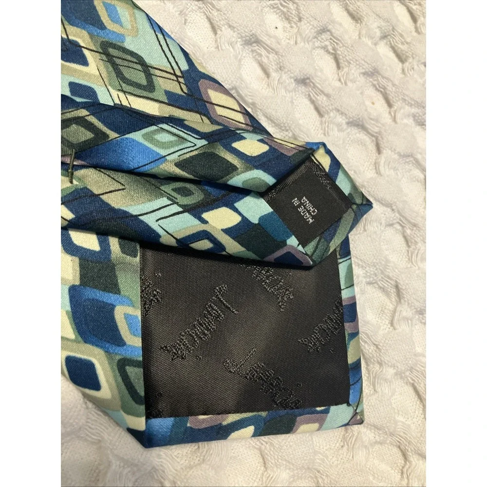J. Garcia Mens Necktie Blue Green Geometric Diamond‎ Silk Art Series Tie 60 Inch